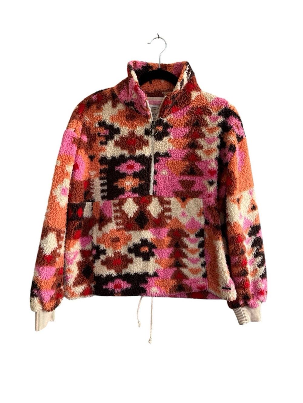 Billabong Time Off Faux Fur Pullover Womens Small 1/2 Zip Southwest Pink #7406